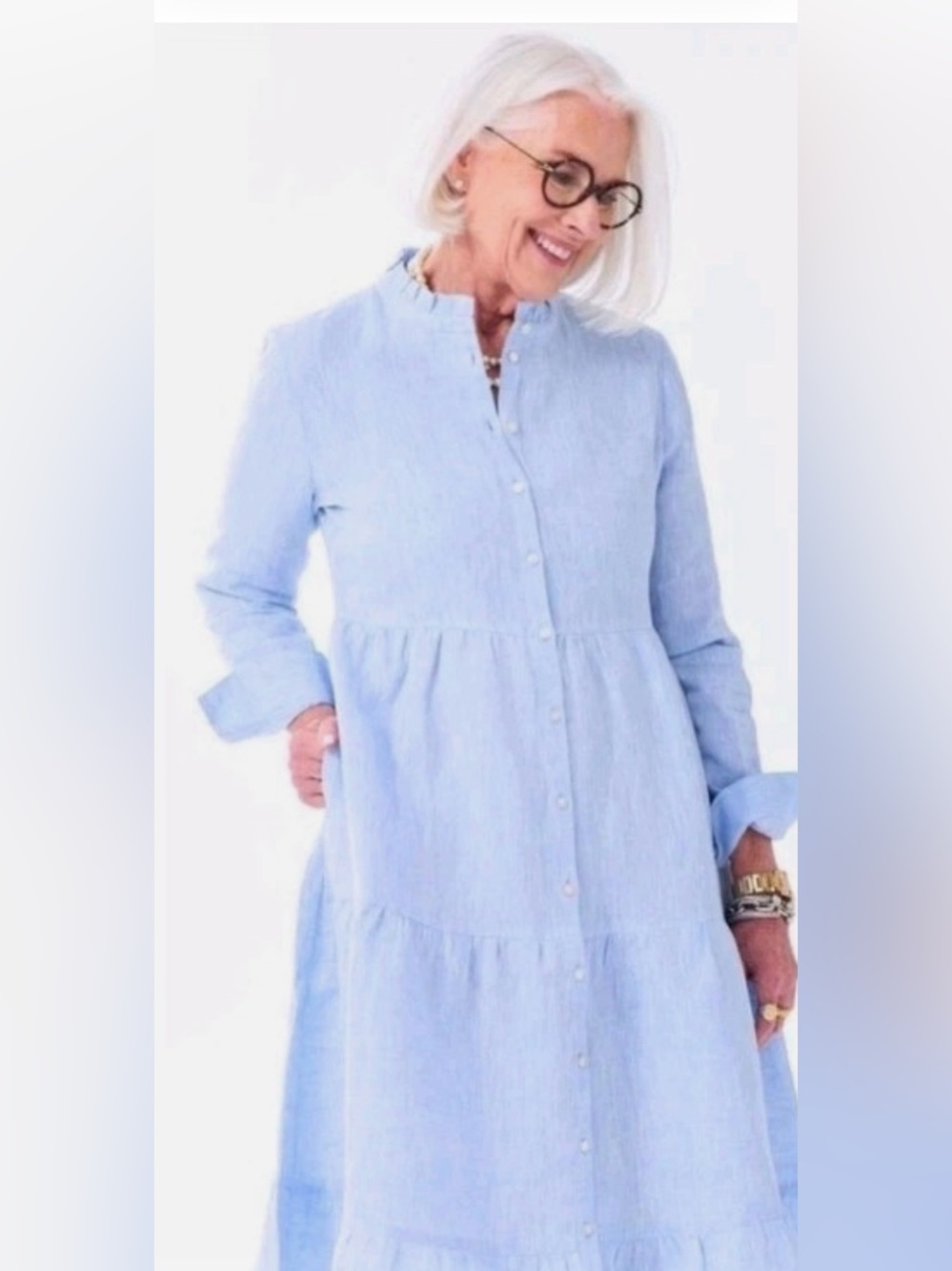 Alice Walk Light Blue Tiered 100% Linen Button-Front Maxi Dress with Pockets!